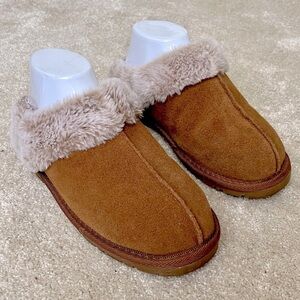 Eddie Bauer Suede Slippers Women’s 7 Brown Leather/Gray Trim Cozy Faux Fur Warm